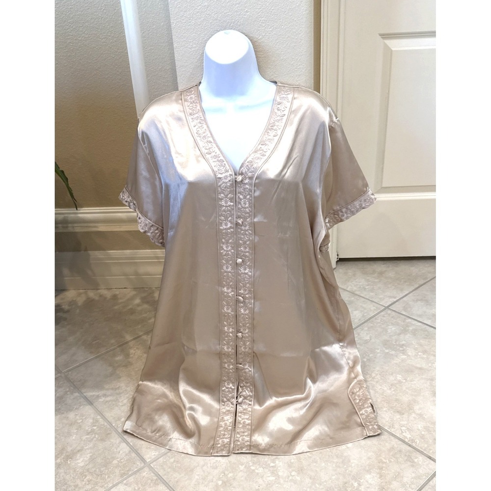CABERNET PJ Sleepwear Night Sleep Shirt Sz L Silky Gold Embroidered Floral Trim